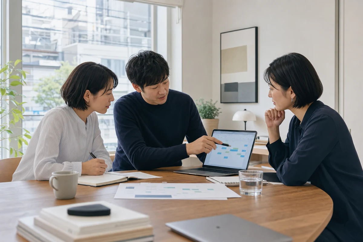 共有カレンダーを見ながらミーティングを調整する 3 人の同僚