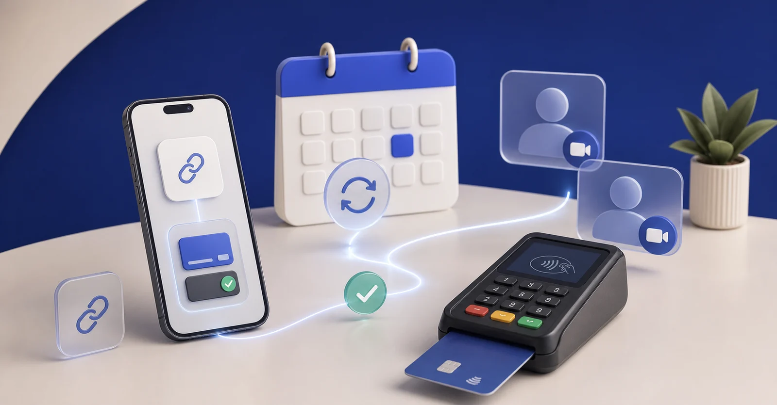 Payment links, an in-person card payment, calendar sync and video calls