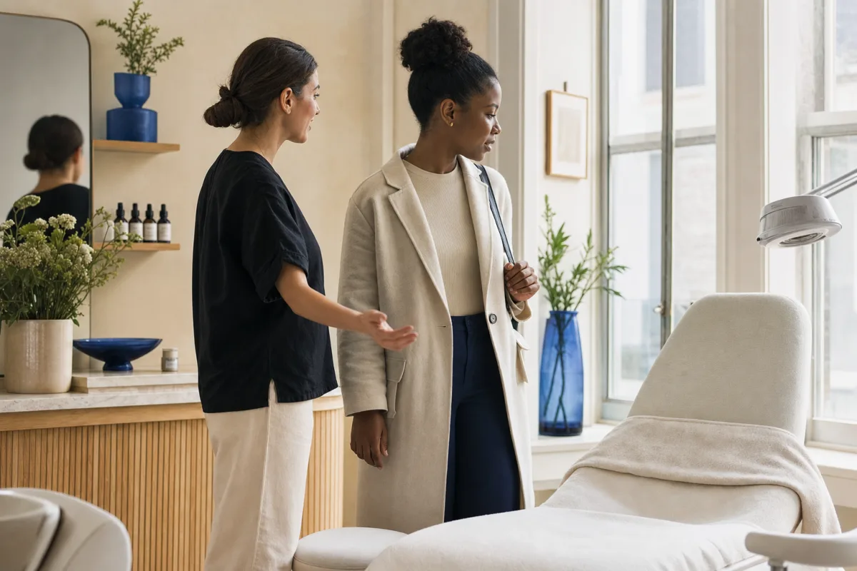 A beauty professional welcoming a customer to a private studio