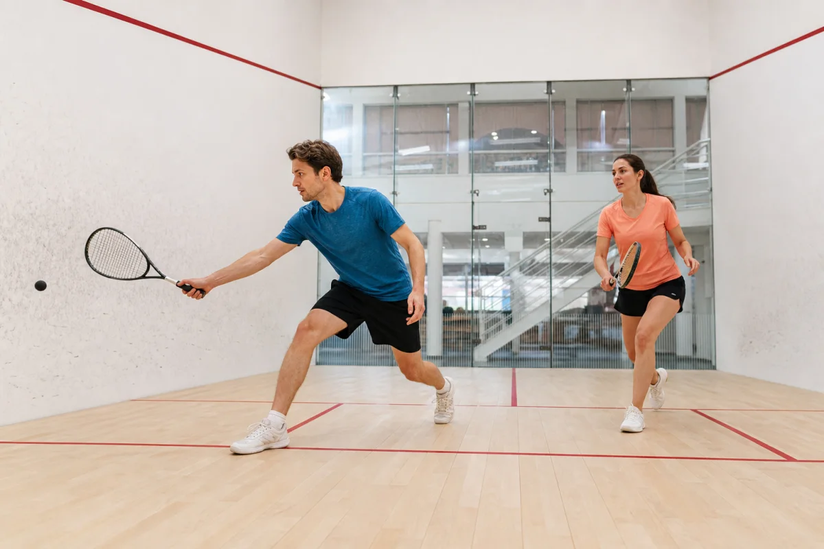 Two squash players rallying on an indoor court