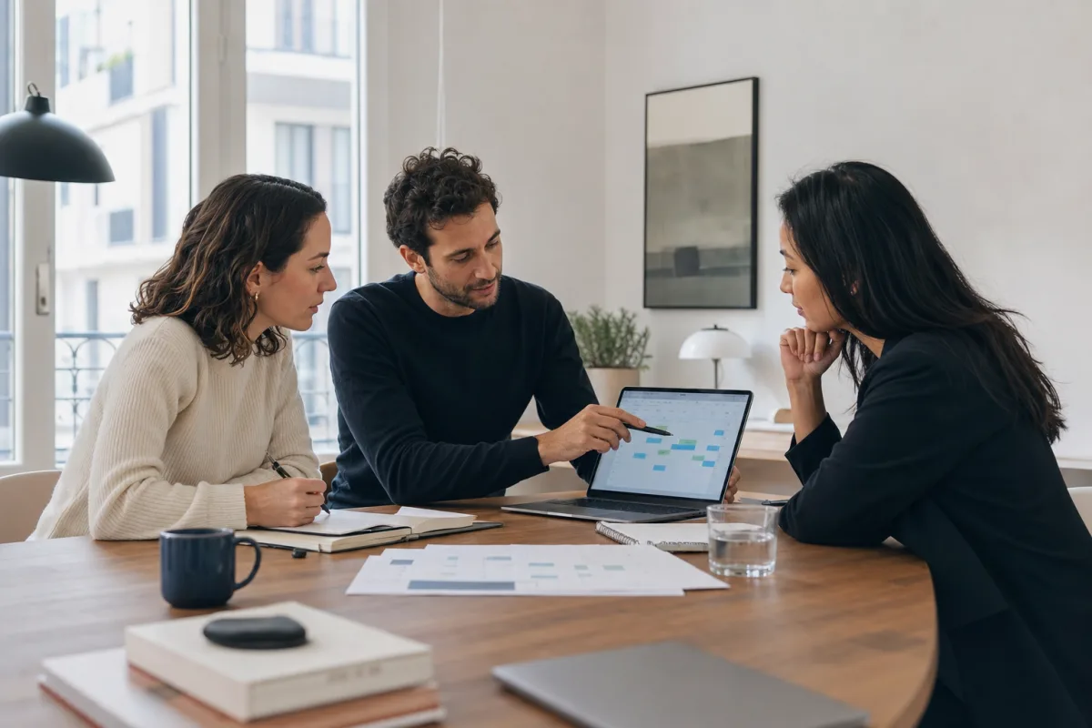 Three colleagues planning meetings around a shared calendar