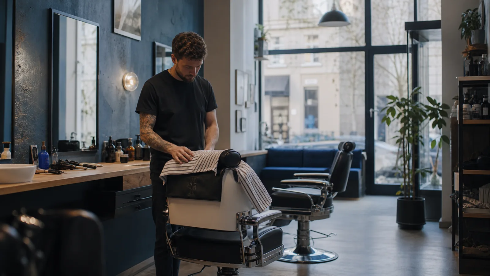 Barber finishing a haircut in a bright independent barbershop