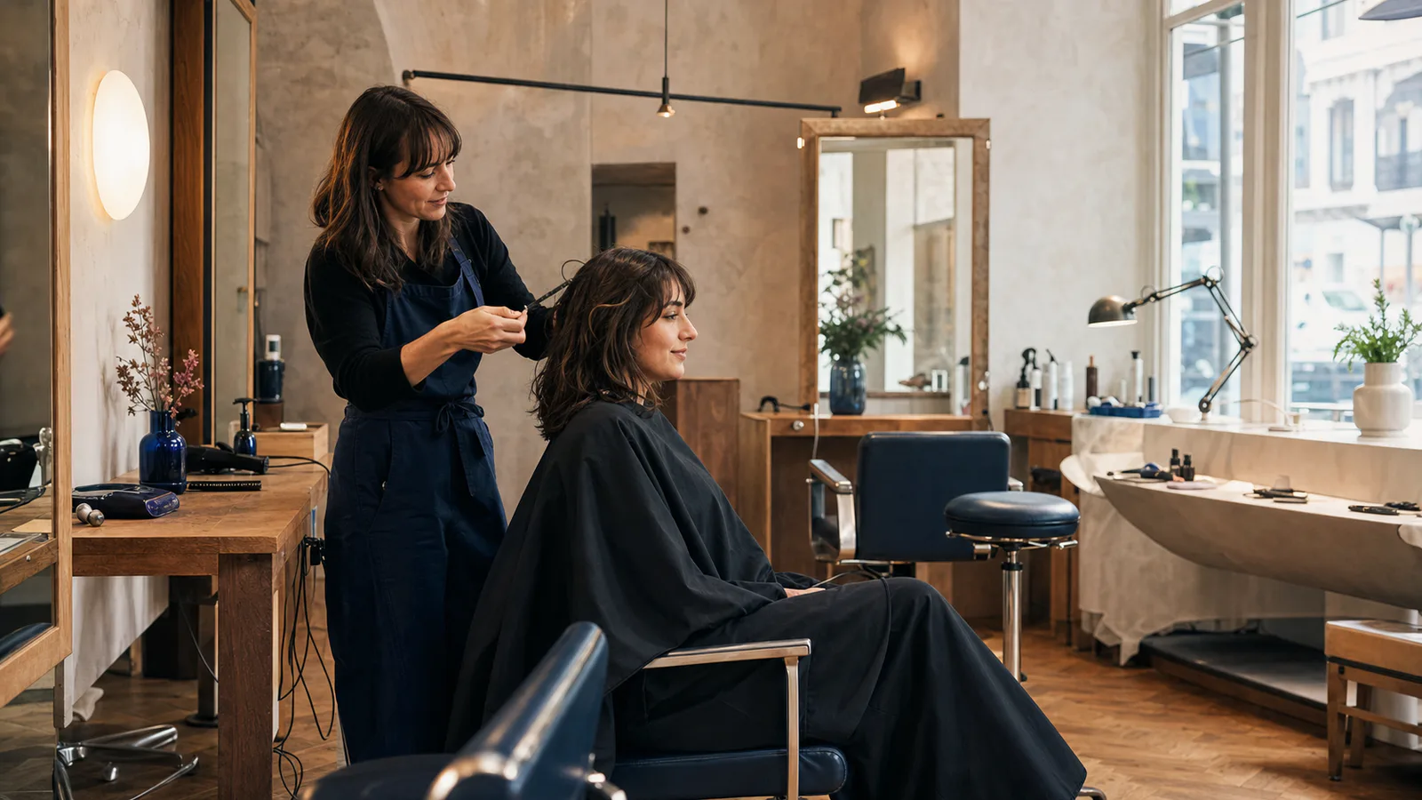 Stylist working with a client in a contemporary European beauty salon