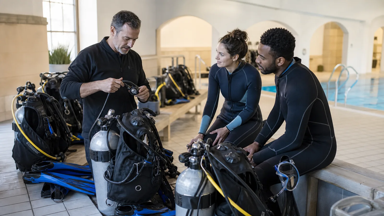 Diving instructor checking equipment with two adult learners beside an indoor pool