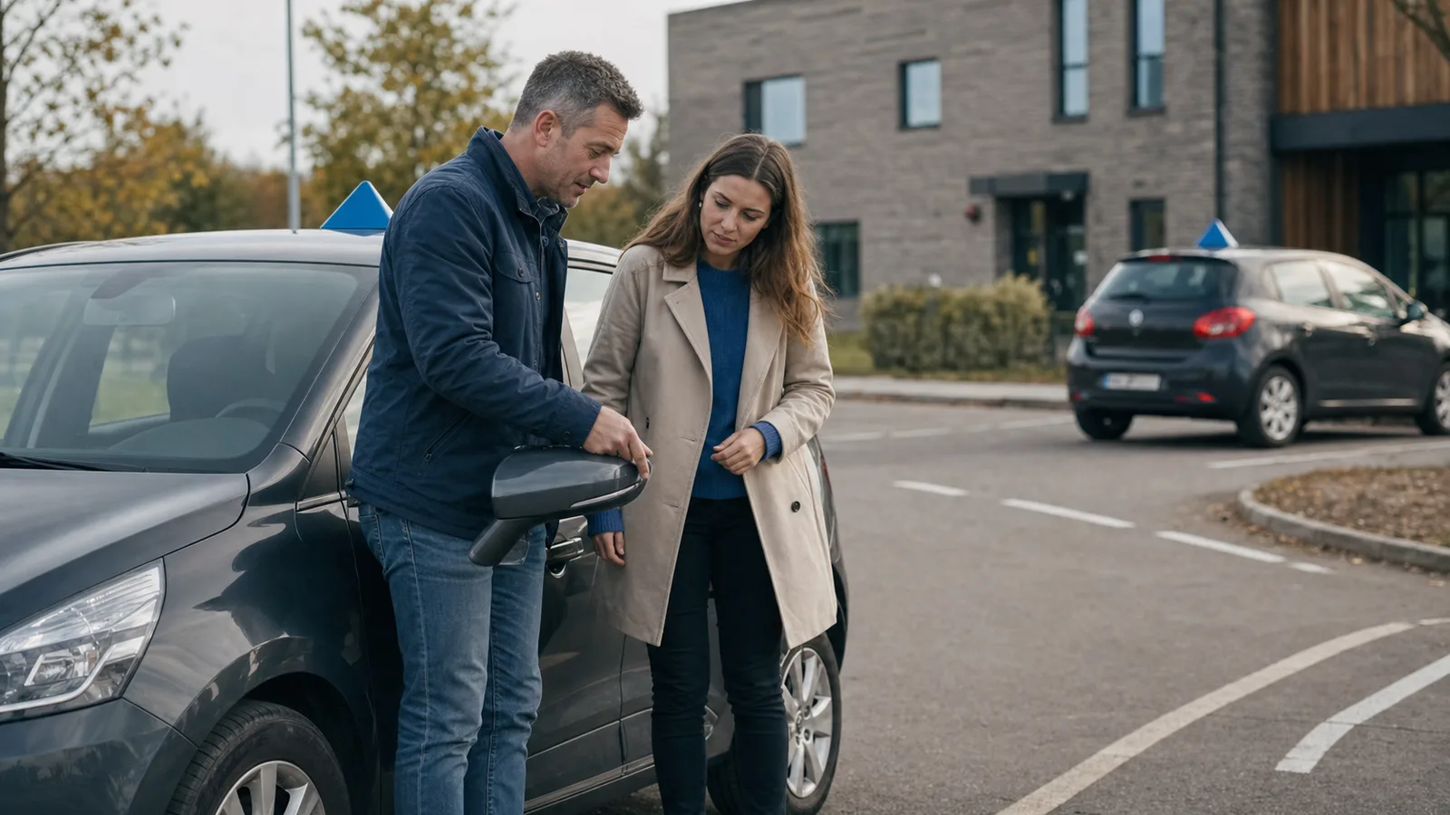 Driving instructor and adult learner preparing for a lesson beside a training car