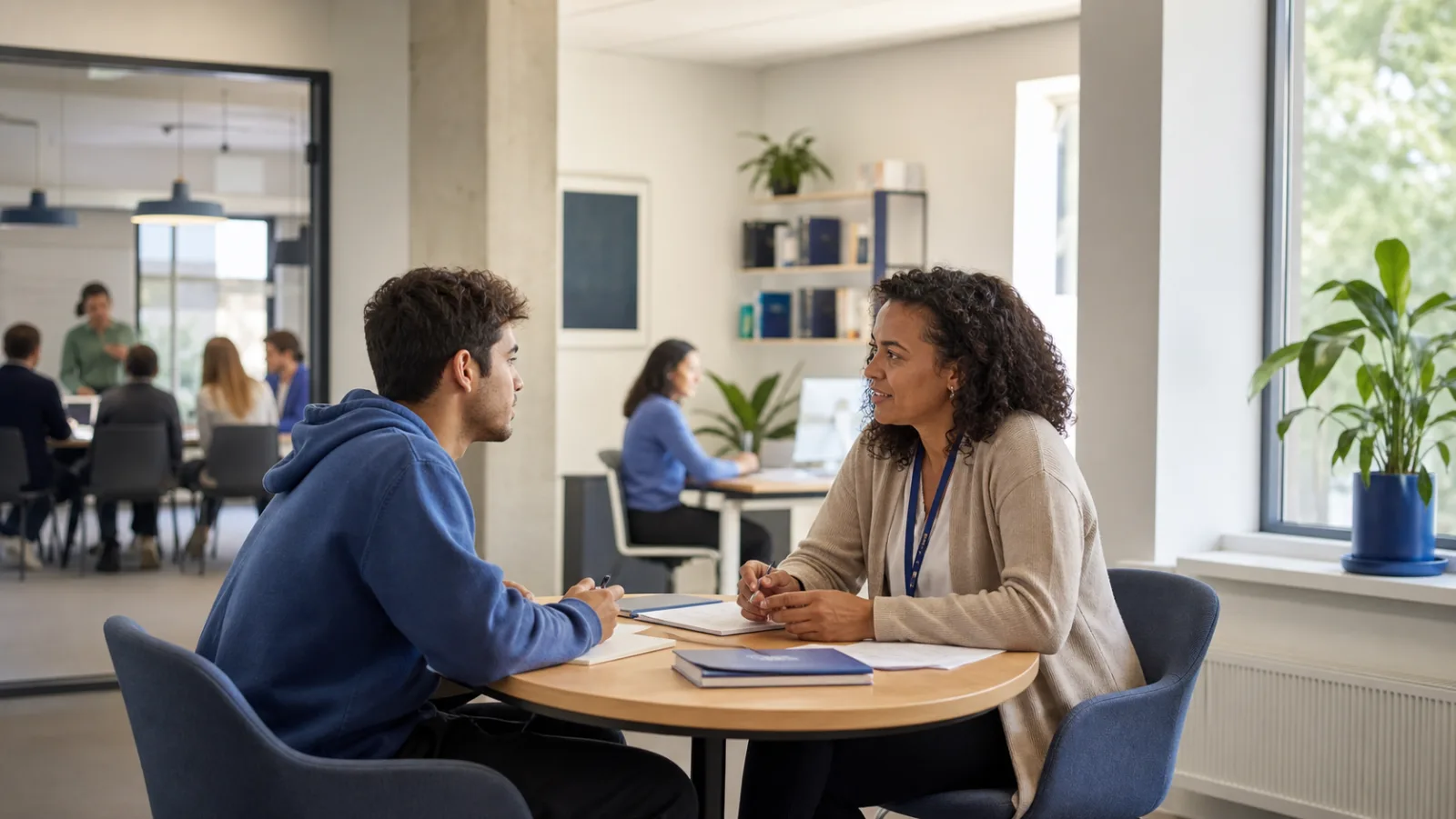 Student and adviser discussing study plans in a bright education setting