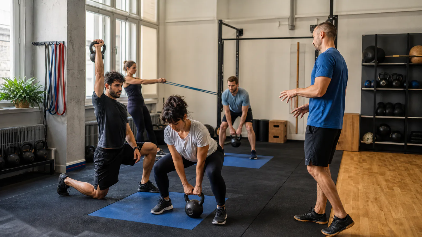 Instructor leading a small group fitness class in a bright independent studio