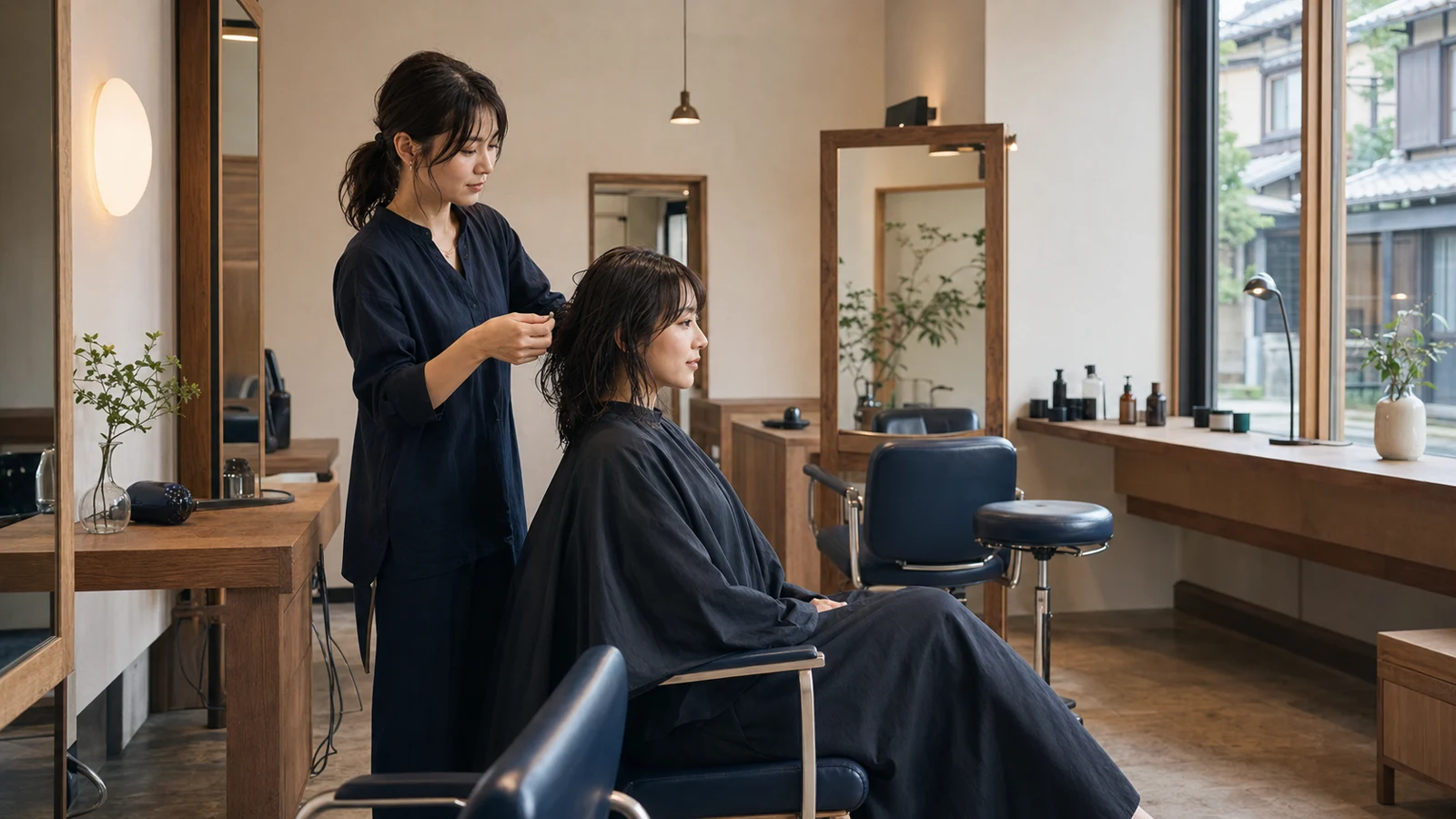 明るく現代的な美容サロンで顧客を施術するスタイリスト