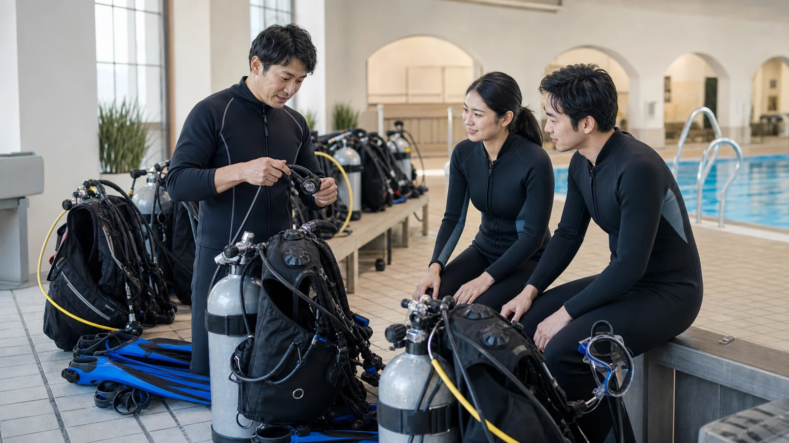 屋内プールのそばで成人受講者 2 人と器材を確認するダイビングインストラクター