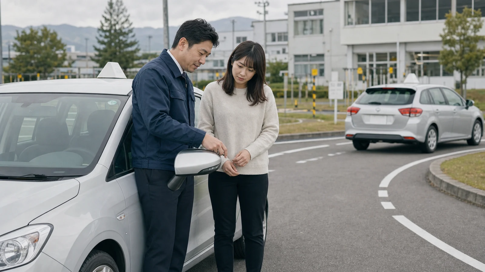 教習車のそばで技能教習の準備をする指導員と成人の生徒