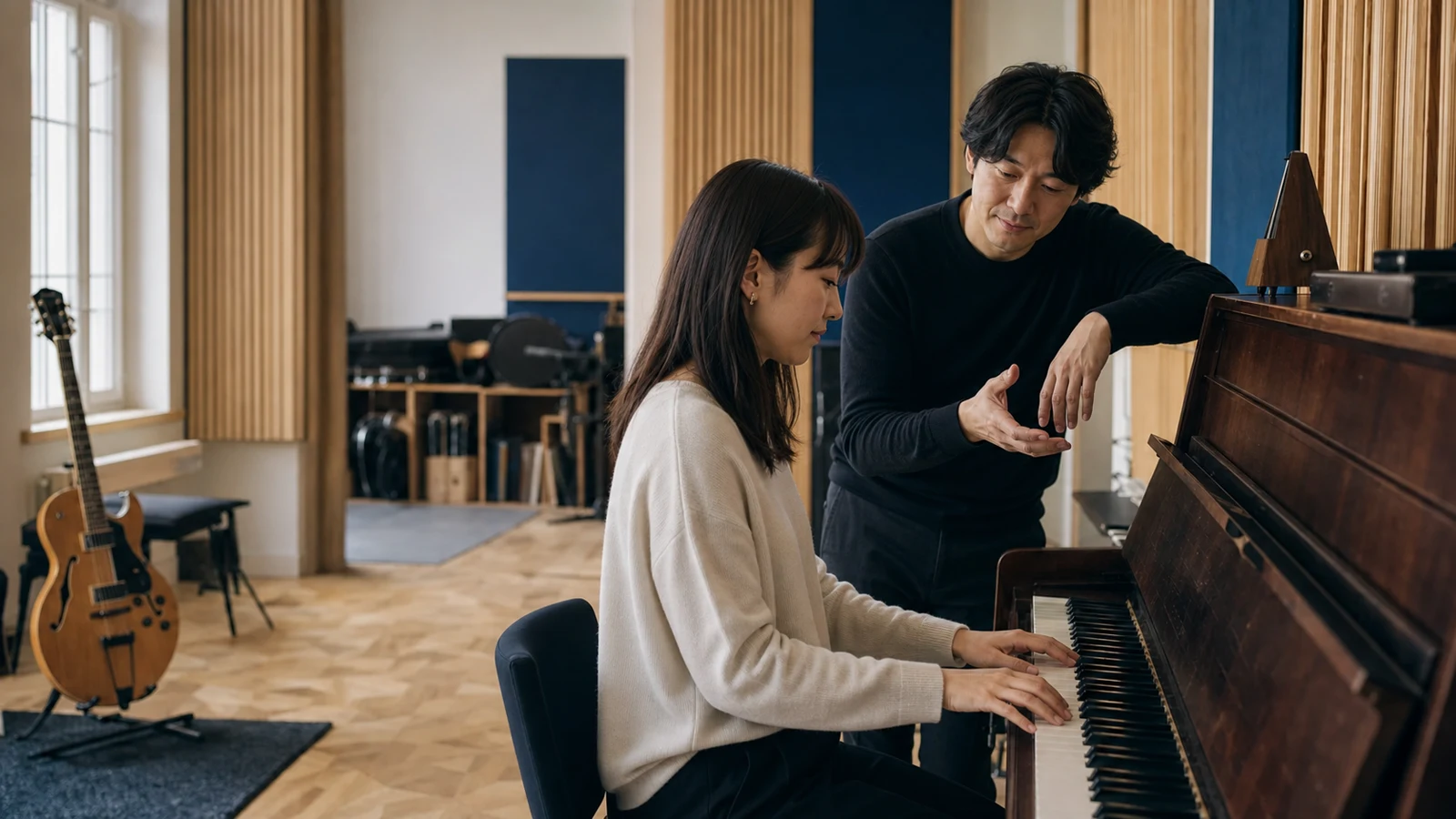 温かみのある音楽教室で成人のピアノ生徒を指導する音楽講師