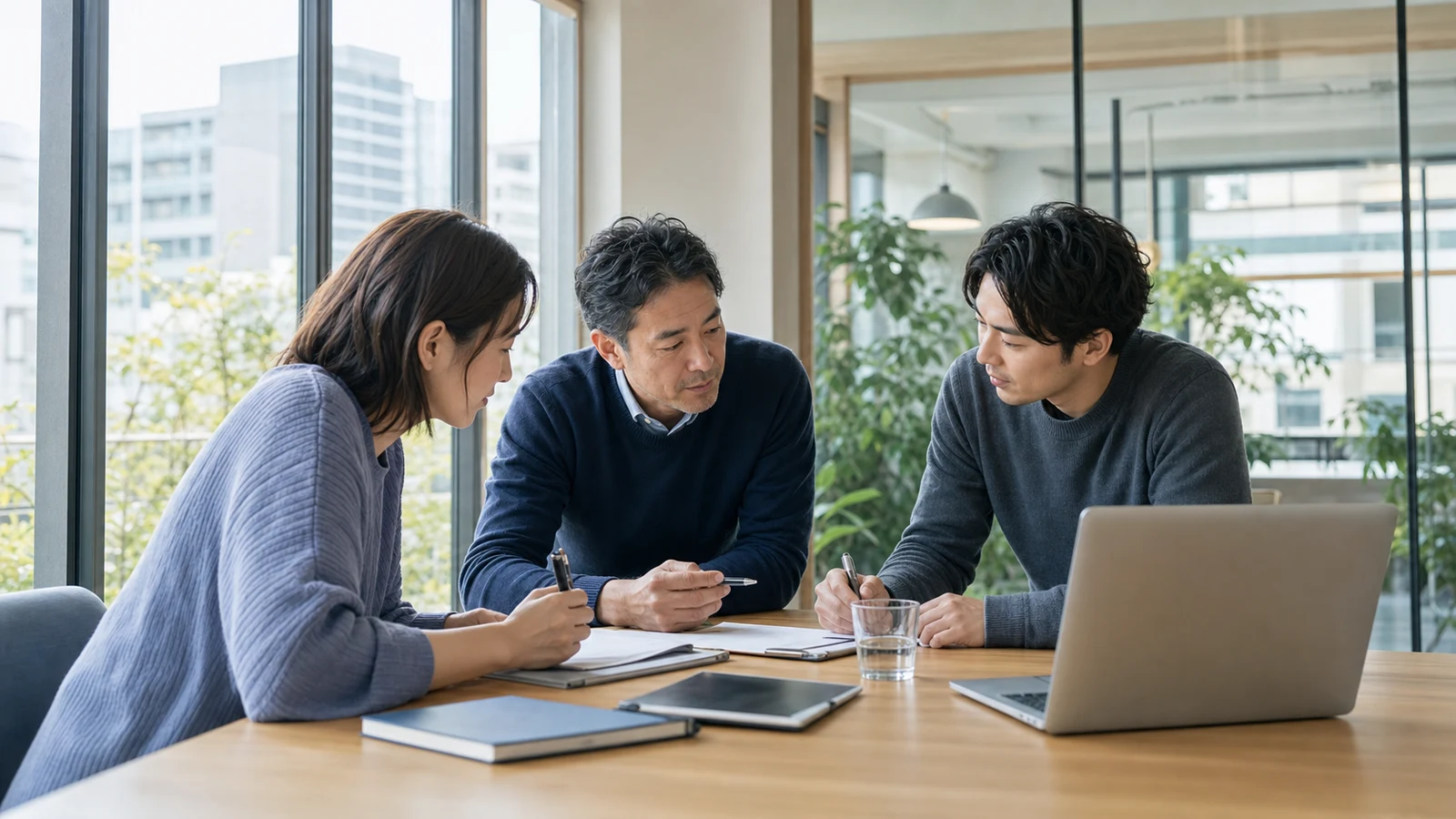 共有テーブルで製品デモを準備する営業チーム