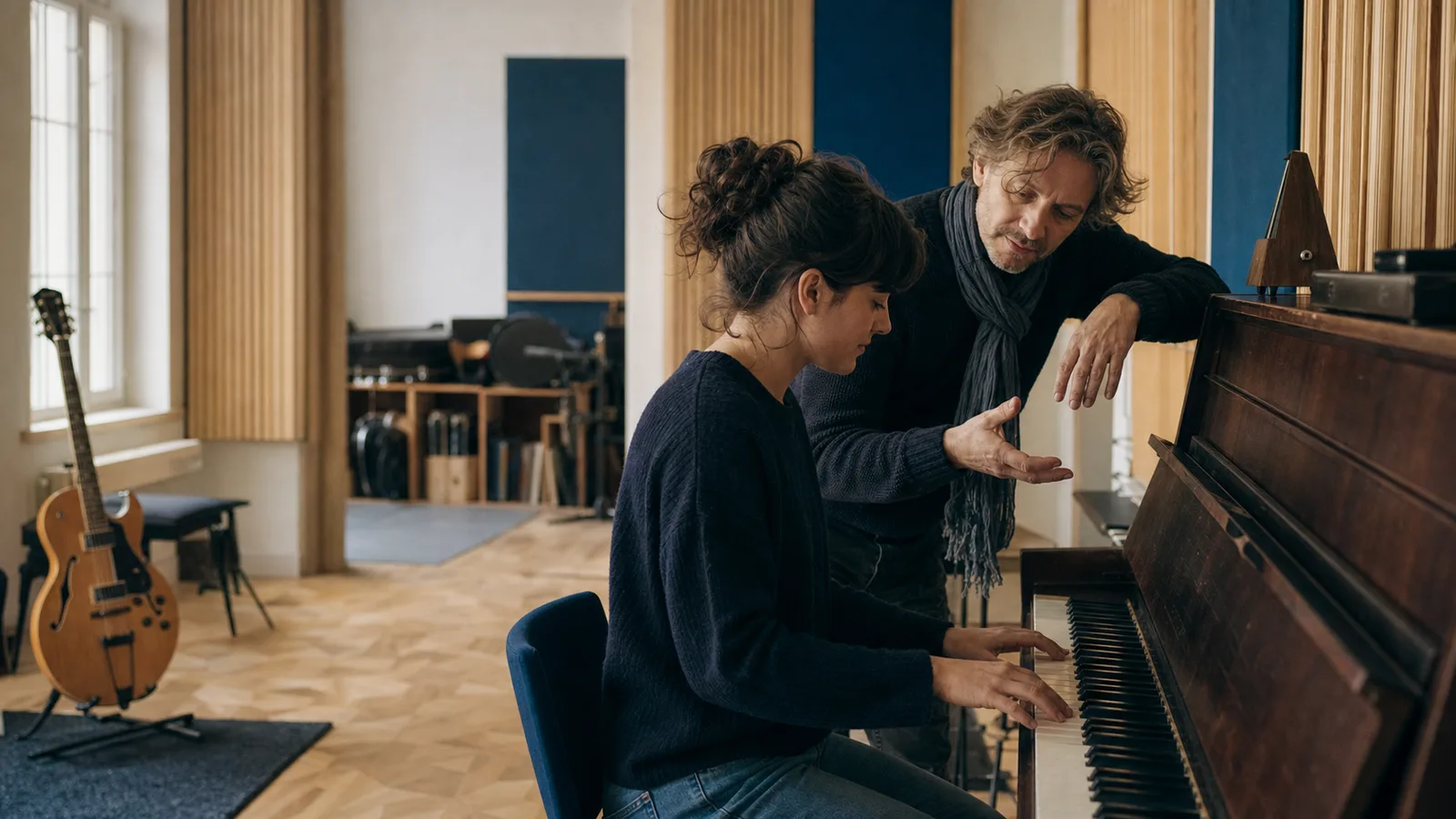 Music teacher guiding an adult piano student in a warm independent music school