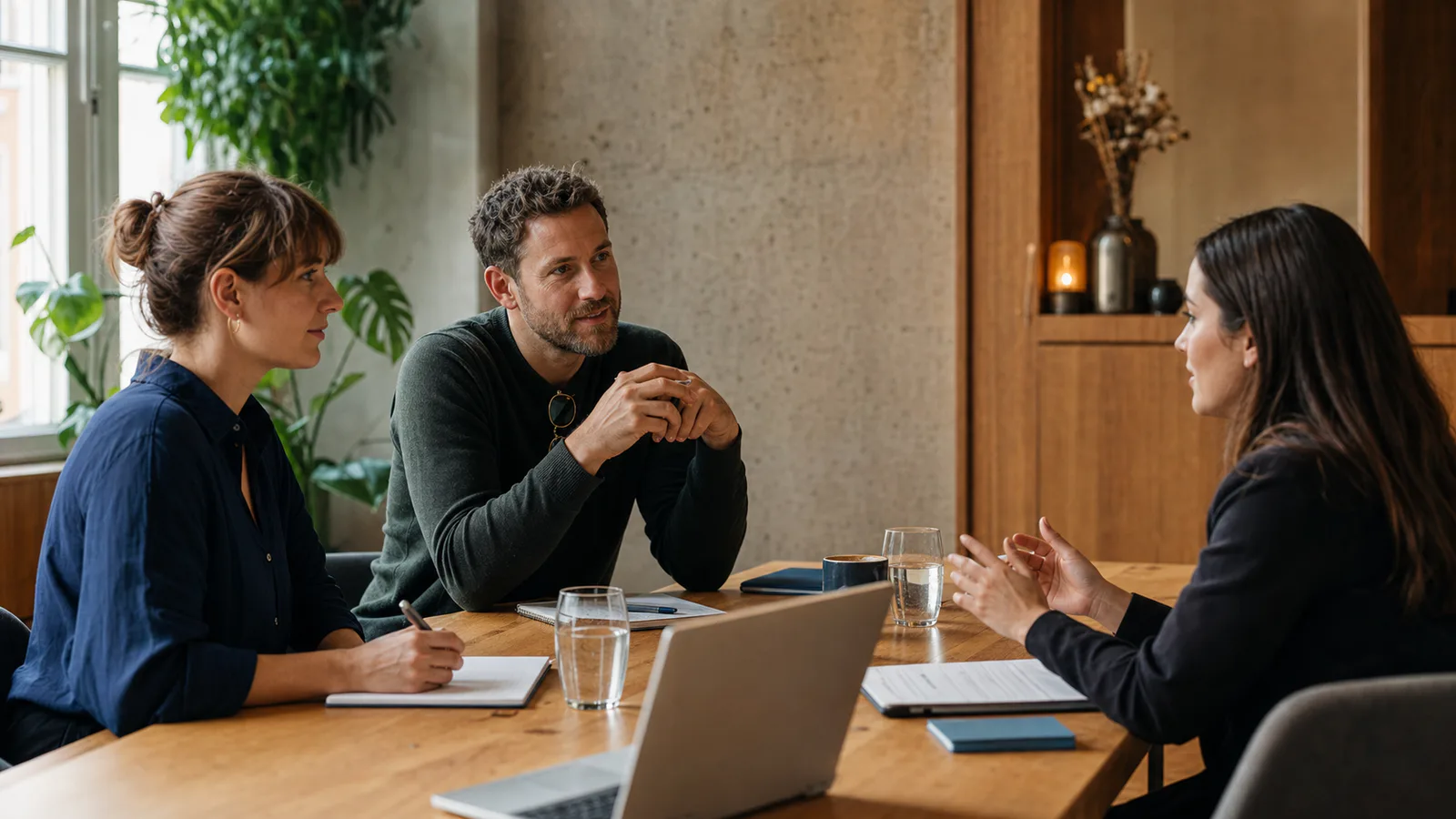 Recruiting team reviewing an interview plan in a modern office