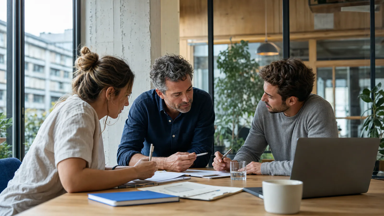 Sales team preparing for a product demonstration around a shared table
